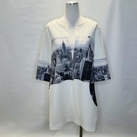 Deca Jacket Womens Large White Black Cityscape Print Graphic Tunic Urban Skyline - Picture 1 of 10